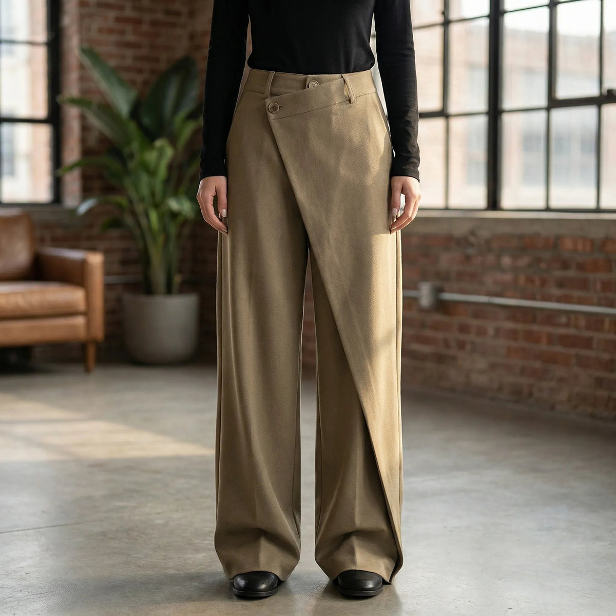 Damen Elegante High Waist Hose mit Wickel-Optik