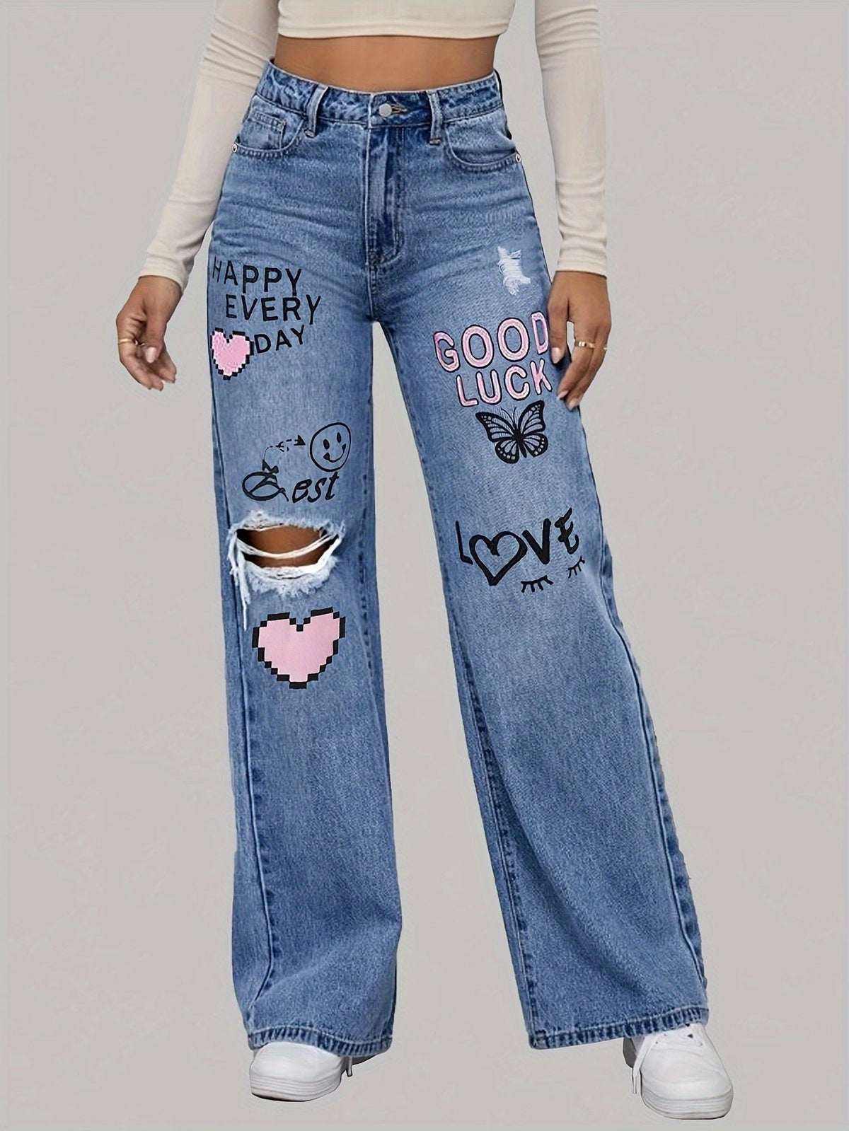 Damen Auffällige Baggy Jeans mit Grafikprint
