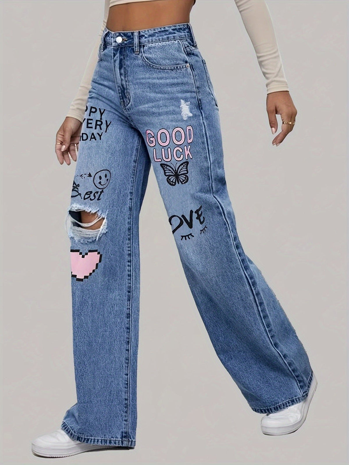 Damen Auffällige Baggy Jeans mit Grafikprint