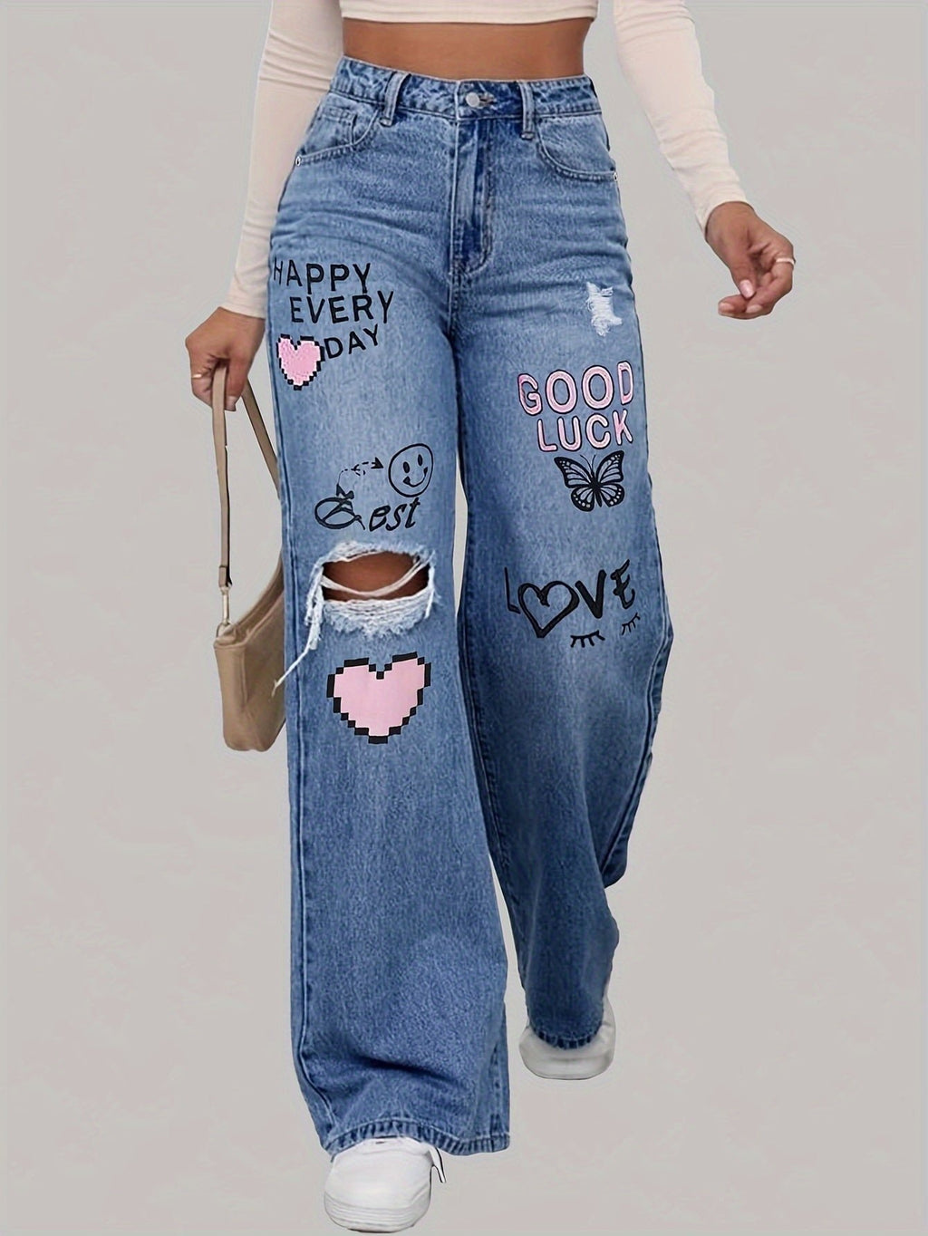 Damen Auffällige Baggy Jeans mit Grafikprint