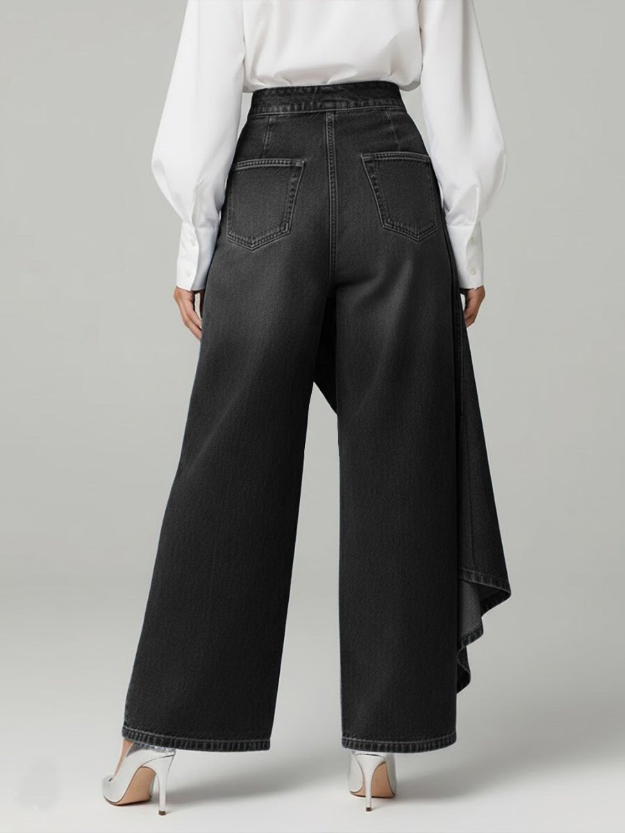 Damen Wide Leg Jeans mit Asymmetrischem Rock-Overlay