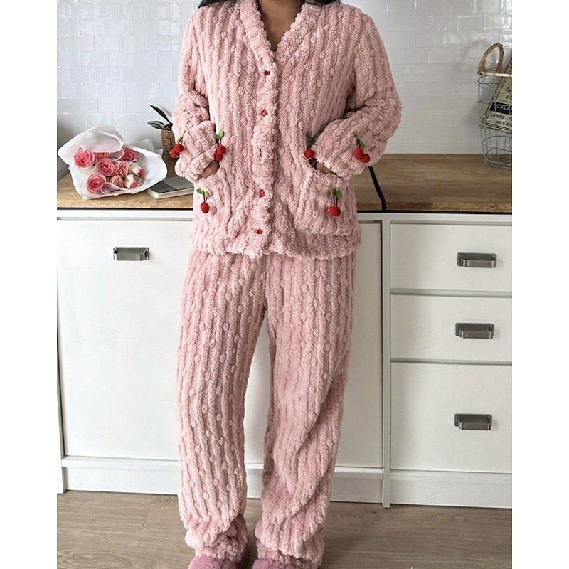 Damen Flauschiges Loungewear-Set mit Kirschstickerei