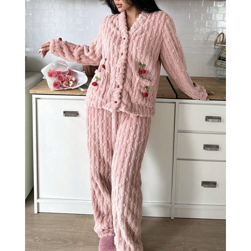 Damen Flauschiges Loungewear-Set mit Kirschstickerei