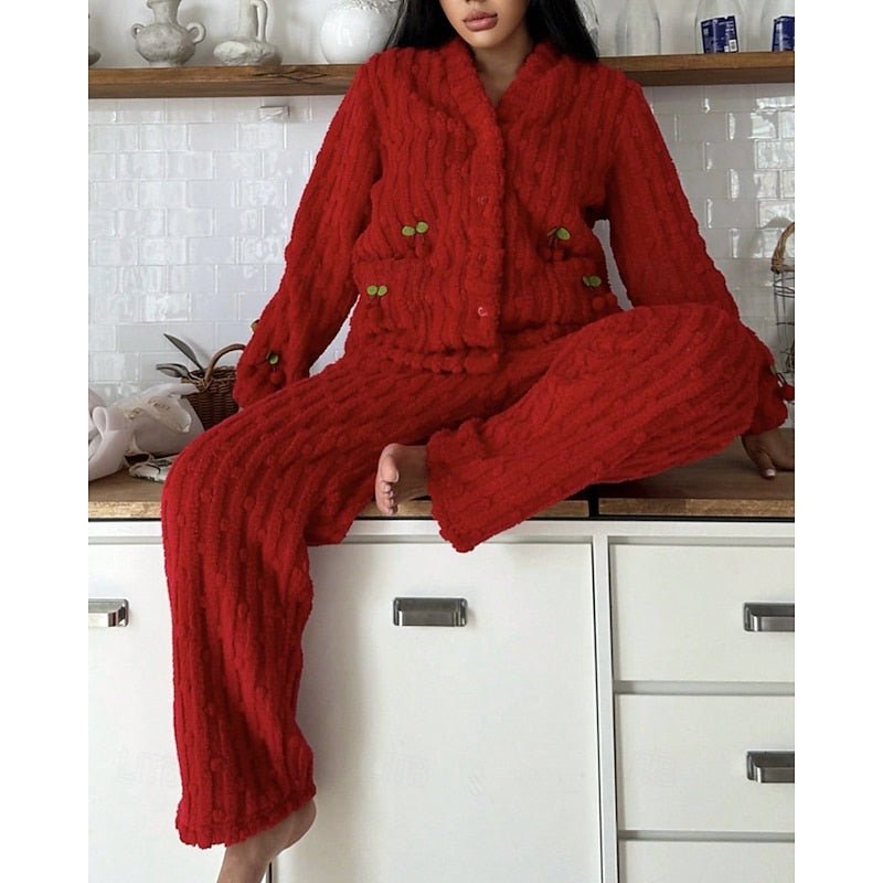 Damen Flauschiges Loungewear-Set mit Kirschstickerei