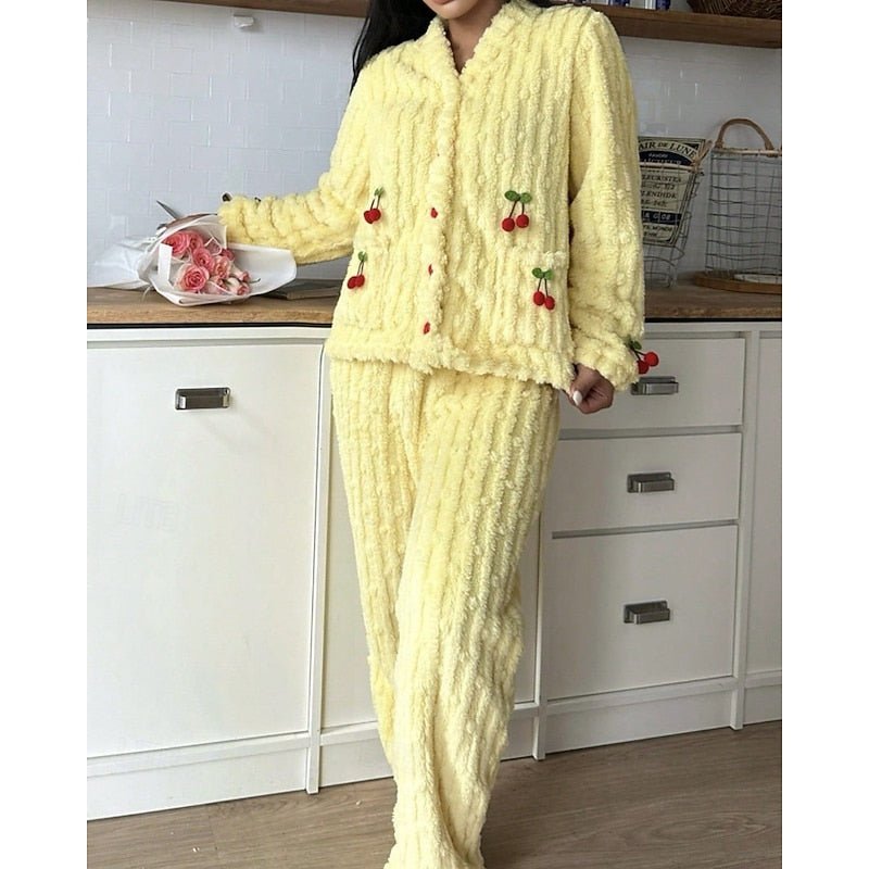Damen Flauschiges Loungewear-Set mit Kirschstickerei