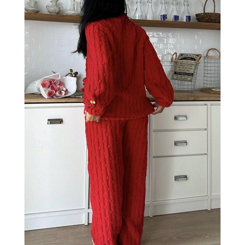 Damen Flauschiges Loungewear-Set mit Kirschstickerei