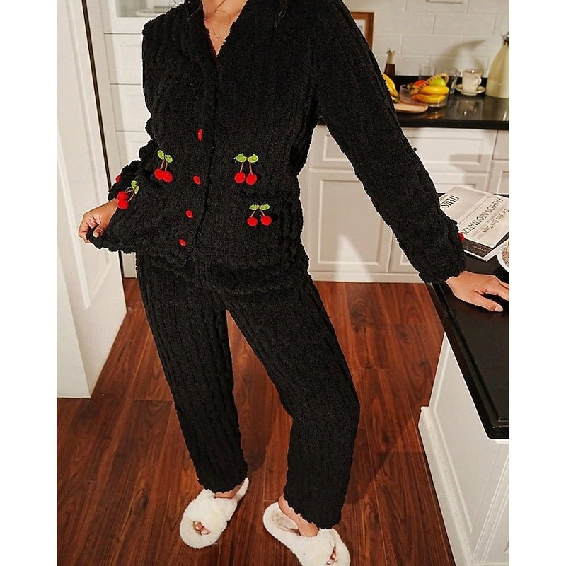 Damen Flauschiges Loungewear-Set mit Kirschstickerei