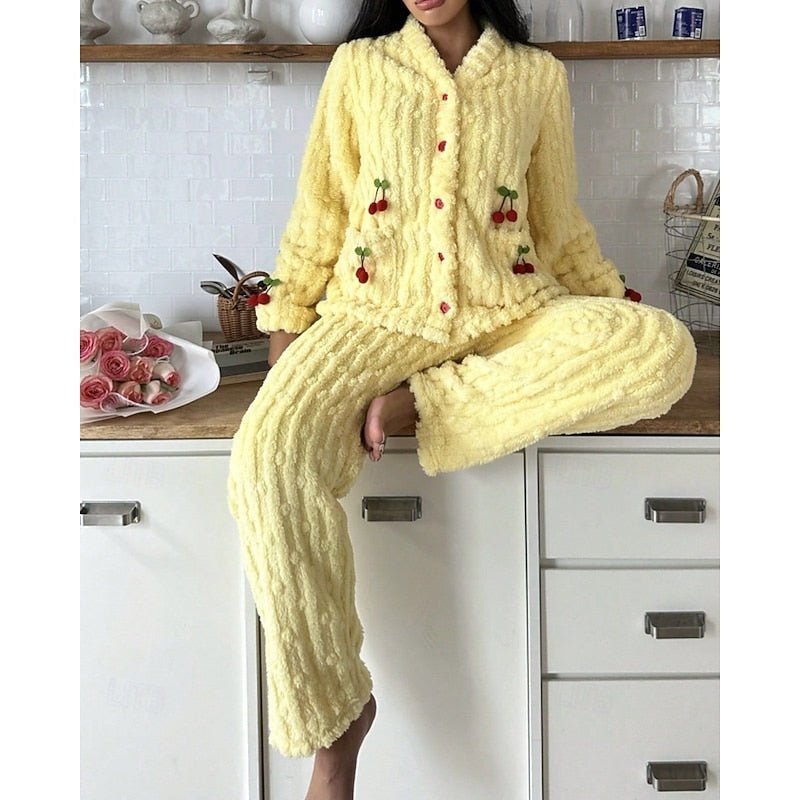 Damen Flauschiges Loungewear-Set mit Kirschstickerei