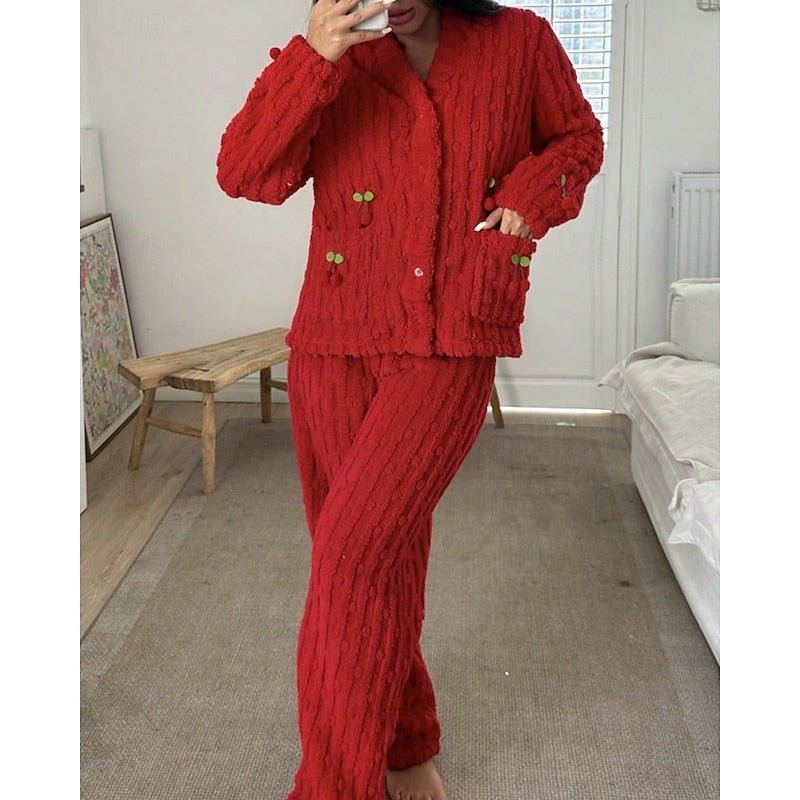 Damen Flauschiges Loungewear-Set mit Kirschstickerei