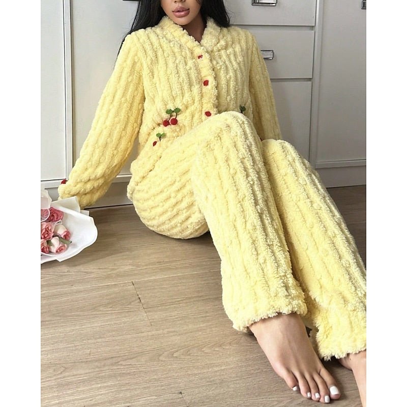 Damen Flauschiges Loungewear-Set mit Kirschstickerei