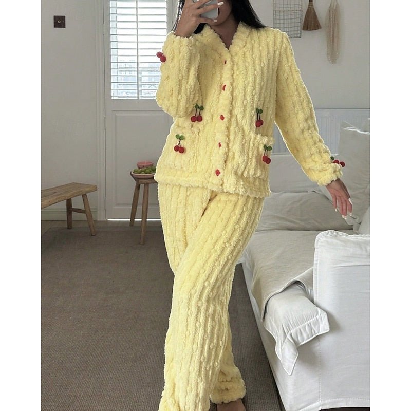 Damen Flauschiges Loungewear-Set mit Kirschstickerei