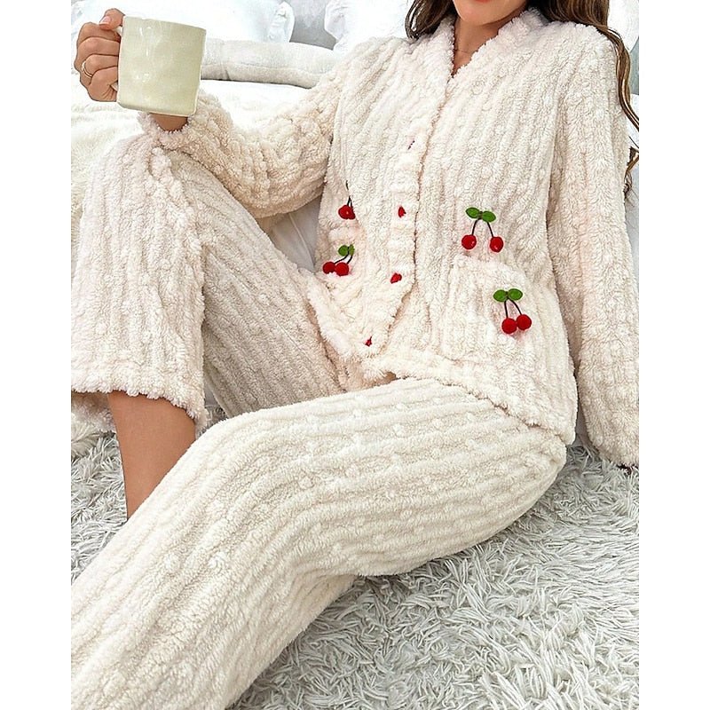 Damen Flauschiges Loungewear-Set mit Kirschstickerei