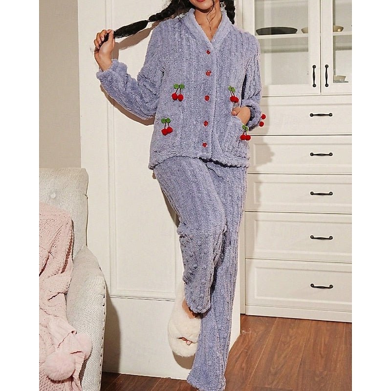 Damen Flauschiges Loungewear-Set mit Kirschstickerei
