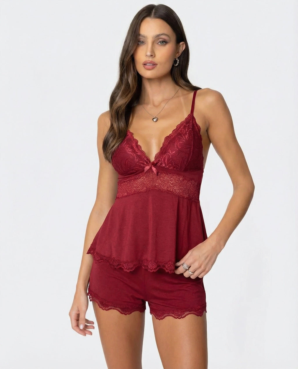 Damen Pyjama-Set mit Spitzenbesatz
