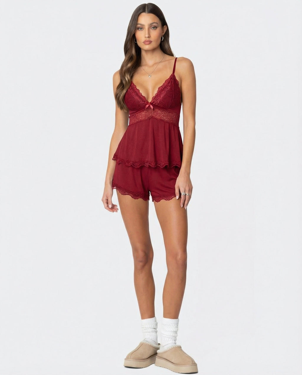 Damen Pyjama-Set mit Spitzenbesatz