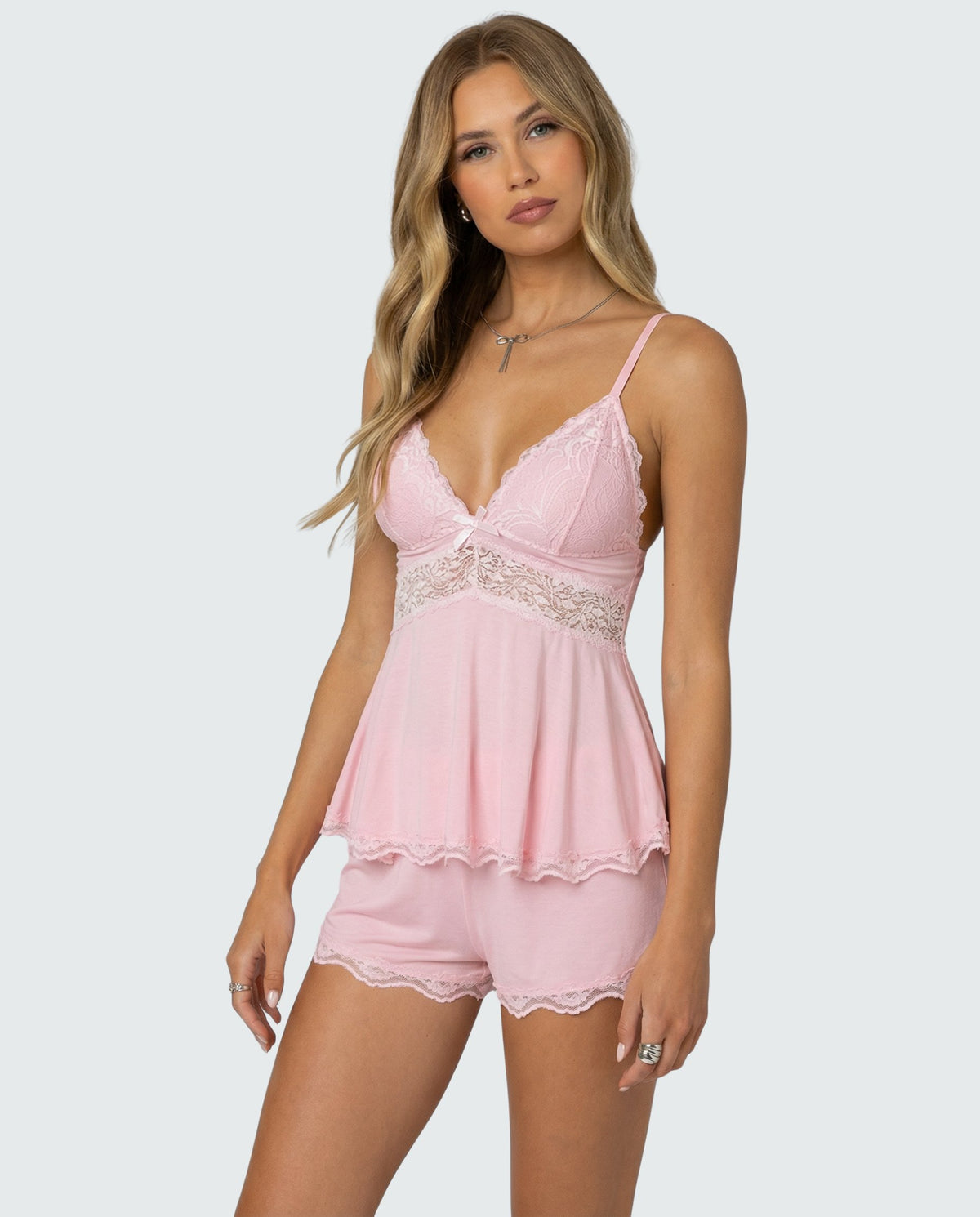 Damen Pyjama-Set mit Spitzenbesatz