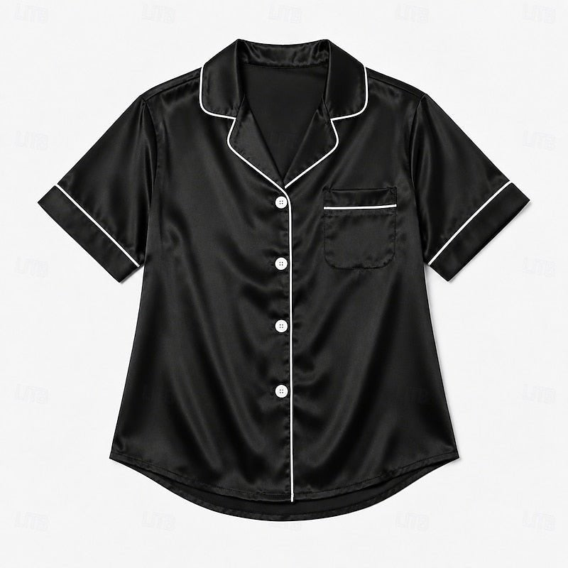 Damen Satin-Pyjama-Set mit Kontrastpaspel