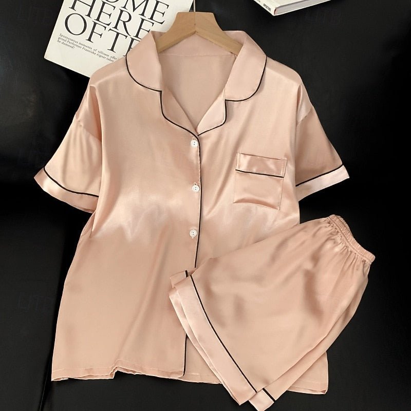 Damen Satin-Pyjama-Set mit Kontrastpaspel