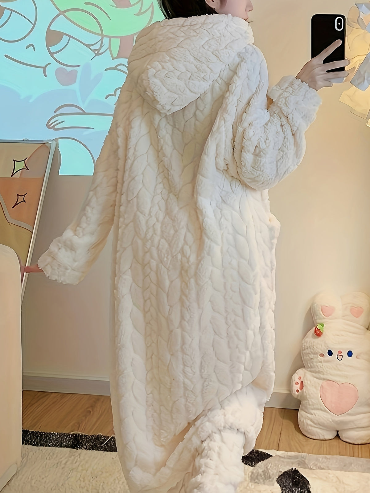 Damen Kuscheliger Fleece-Bademantel mit Kapuze