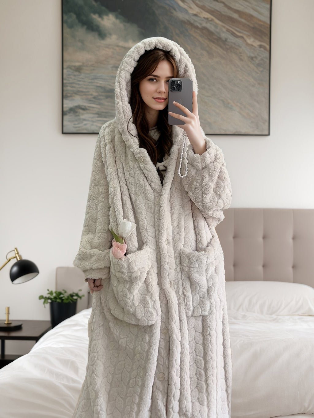 Damen Kuscheliger Fleece-Bademantel mit Kapuze