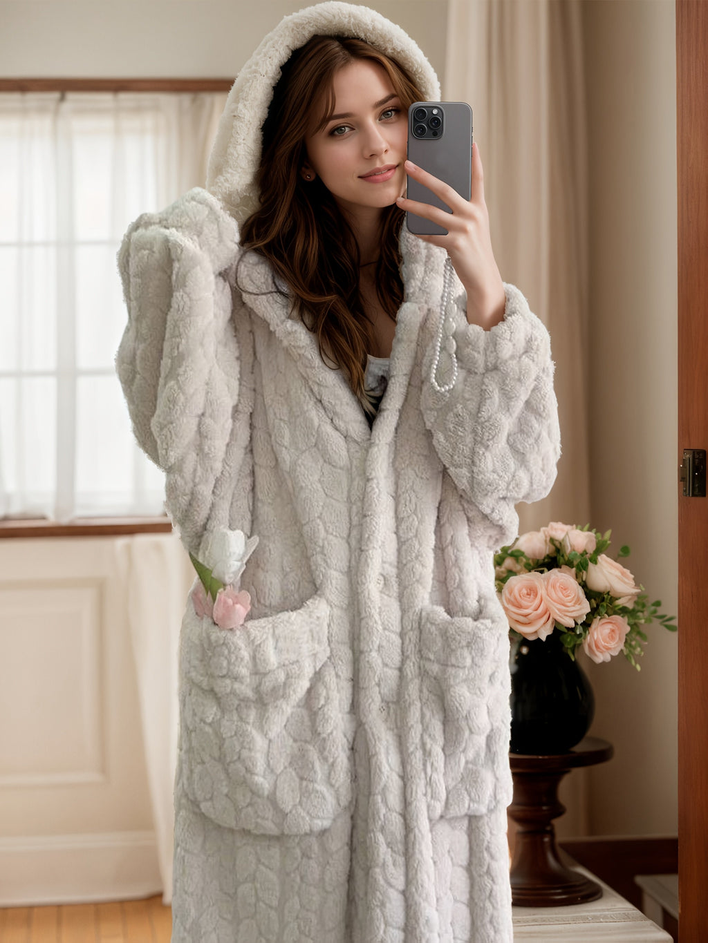 Damen Kuscheliger Fleece-Bademantel mit Kapuze
