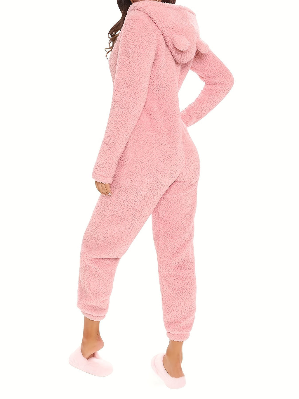 Damen Gemütlicher Fleece-Overall mit Bärenohren-Kapuze