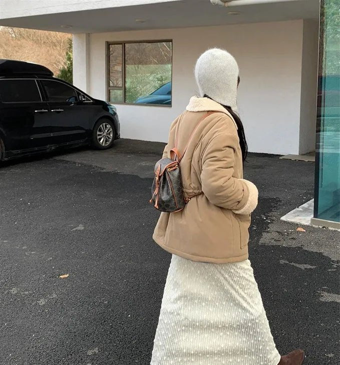 Damen Rippstrick-Beanie mit Ohrenschutz und Bindebändern