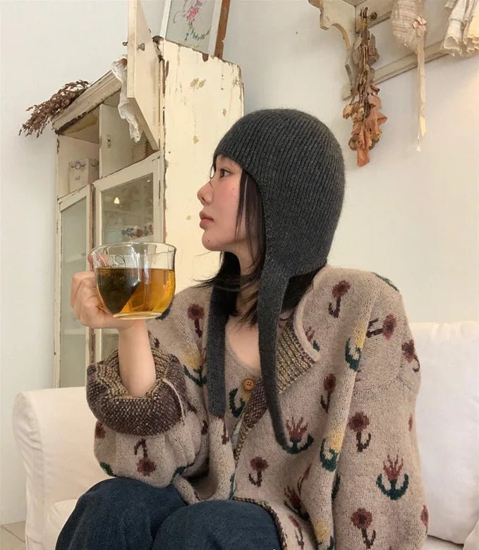 Damen Rippstrick-Beanie mit Ohrenschutz und Bindebändern