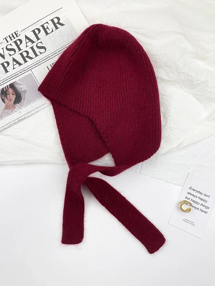 Damen Rippstrick-Beanie mit Ohrenschutz und Bindebändern