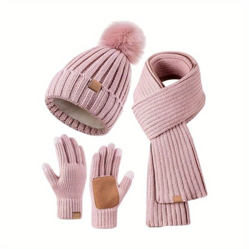 Damen Rippstrick-Winterset mit Bommelmütze, Schal und Touchscreen-Handschuhen
