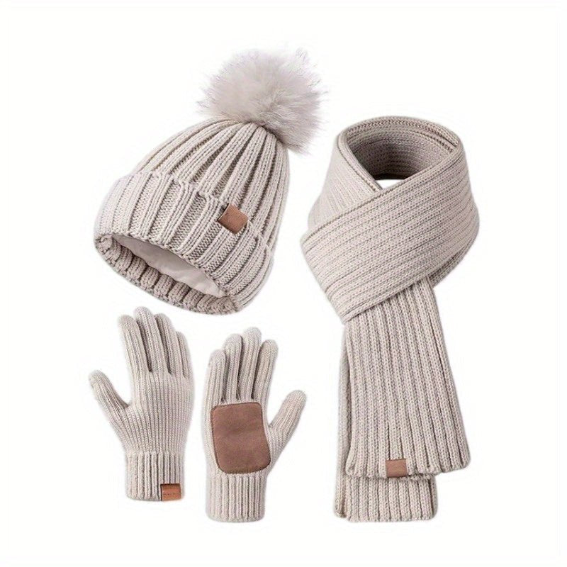 Damen Rippstrick-Winterset mit Bommelmütze, Schal und Touchscreen-Handschuhen