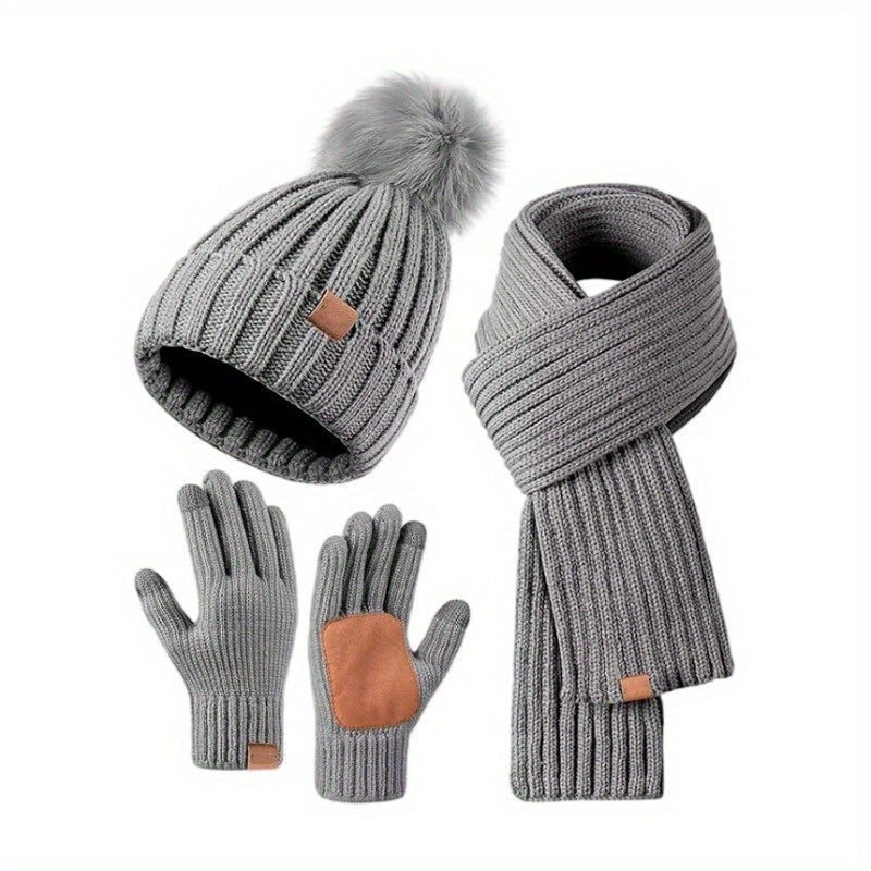 Damen Rippstrick-Winterset mit Bommelmütze, Schal und Touchscreen-Handschuhen