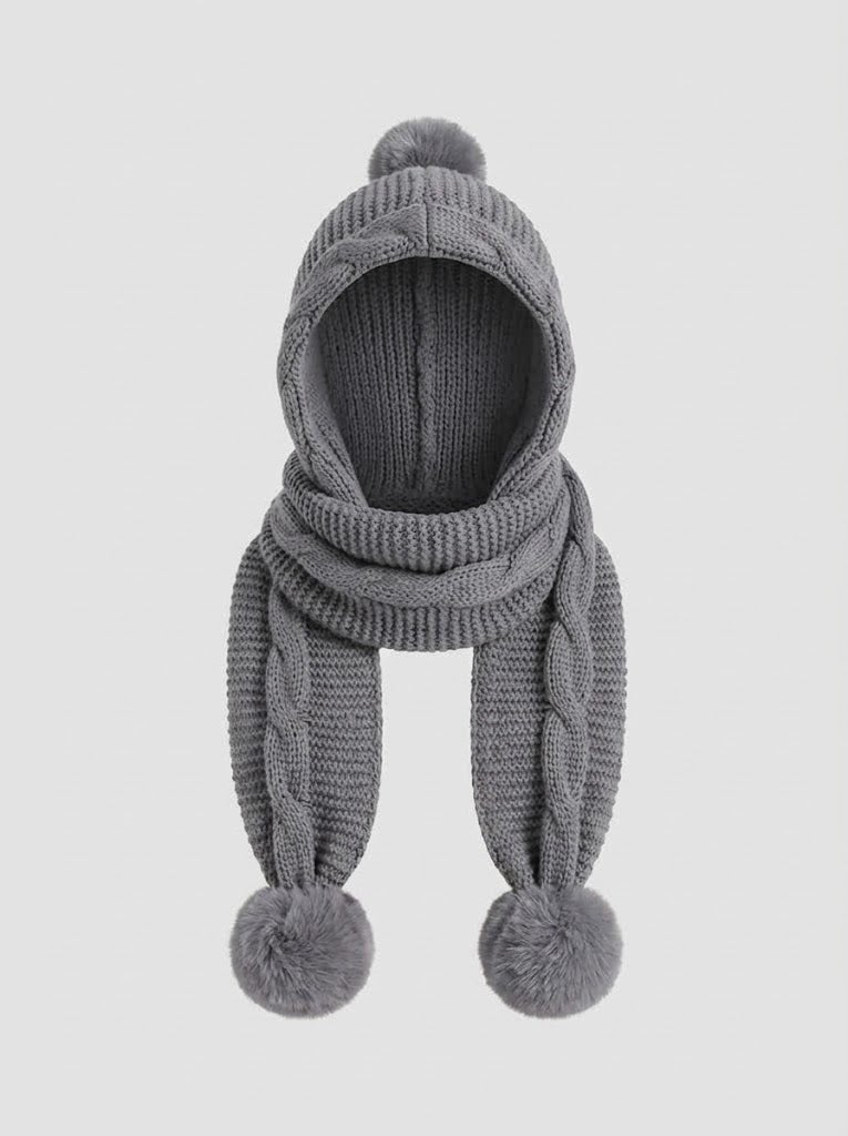 Damen Kuscheliger Strickschal mit Kapuze und Bommeln