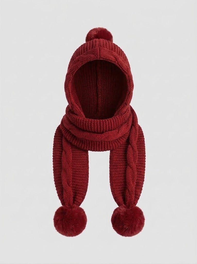 Damen Kuscheliger Strickschal mit Kapuze und Bommeln
