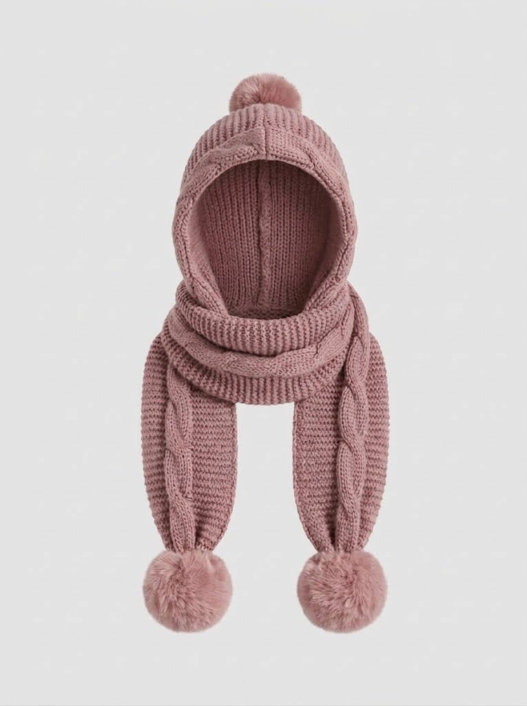 Damen Kuscheliger Strickschal mit Kapuze und Bommeln