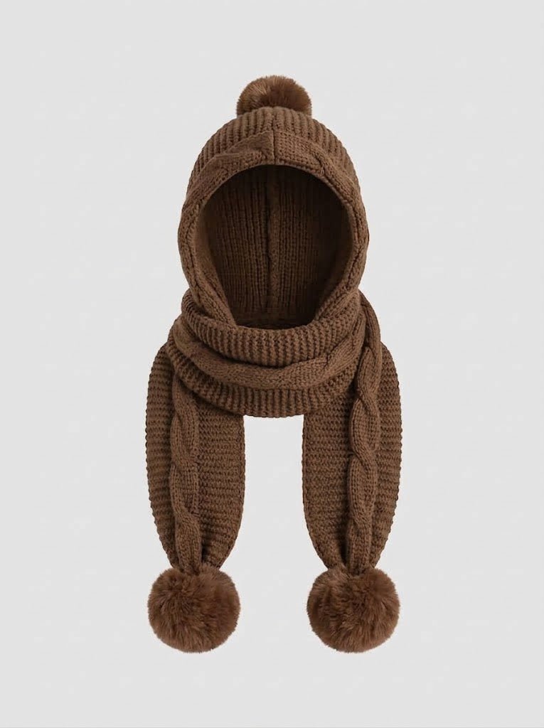 Damen Kuscheliger Strickschal mit Kapuze und Bommeln