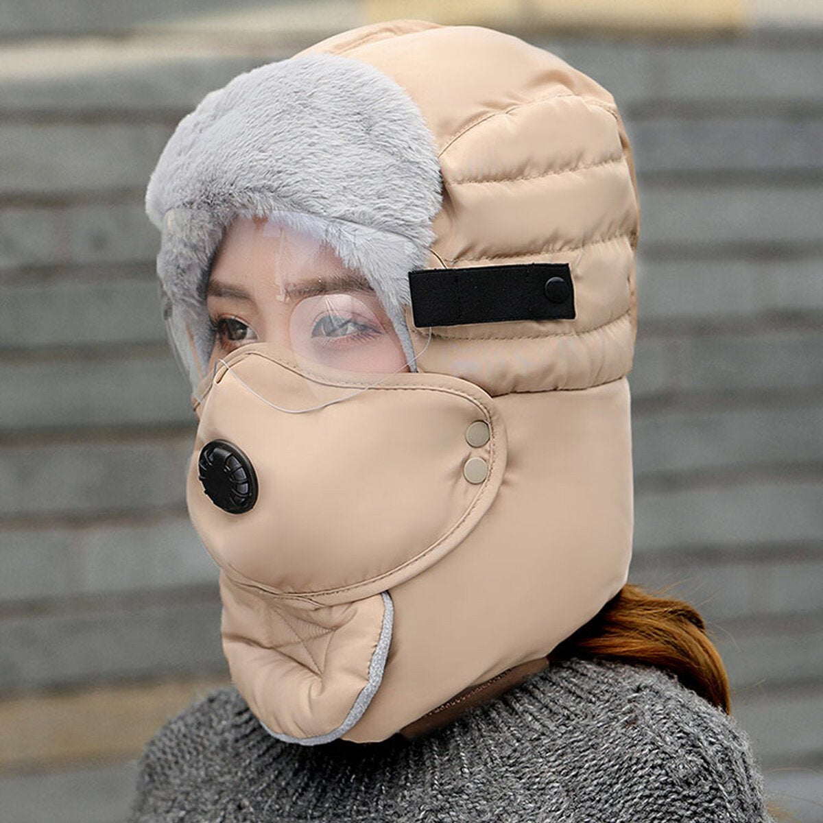 Unisex Gefütterte Mütze mit Skibrille und abnehmbarer Maske