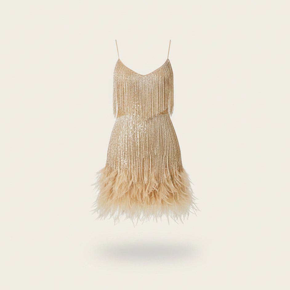 Damen Pailletten-Cocktailkleid mit Federsaum