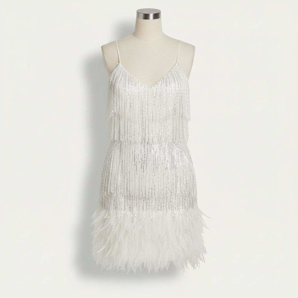 Damen Pailletten-Cocktailkleid mit Federsaum