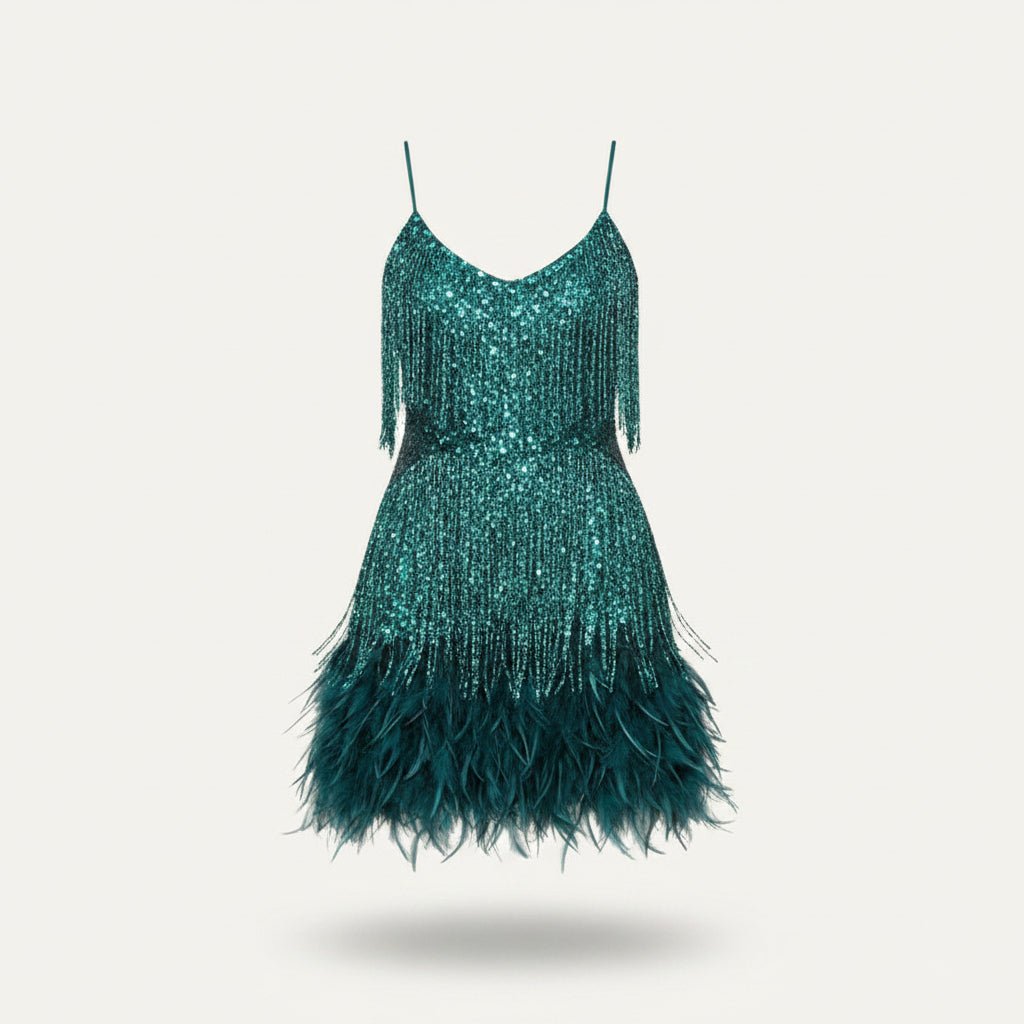 Damen Pailletten-Cocktailkleid mit Federsaum