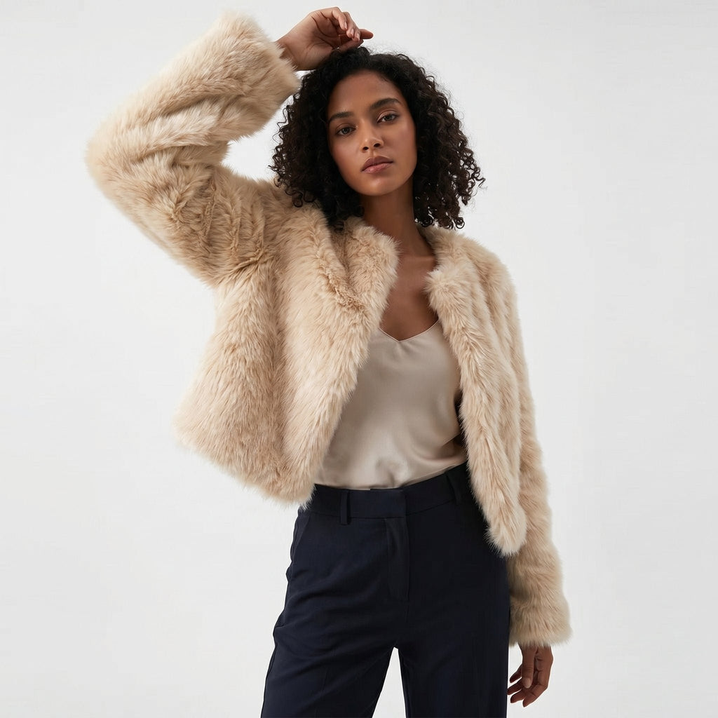 Damen Kuschelige Cropped Kunstfell-Jacke