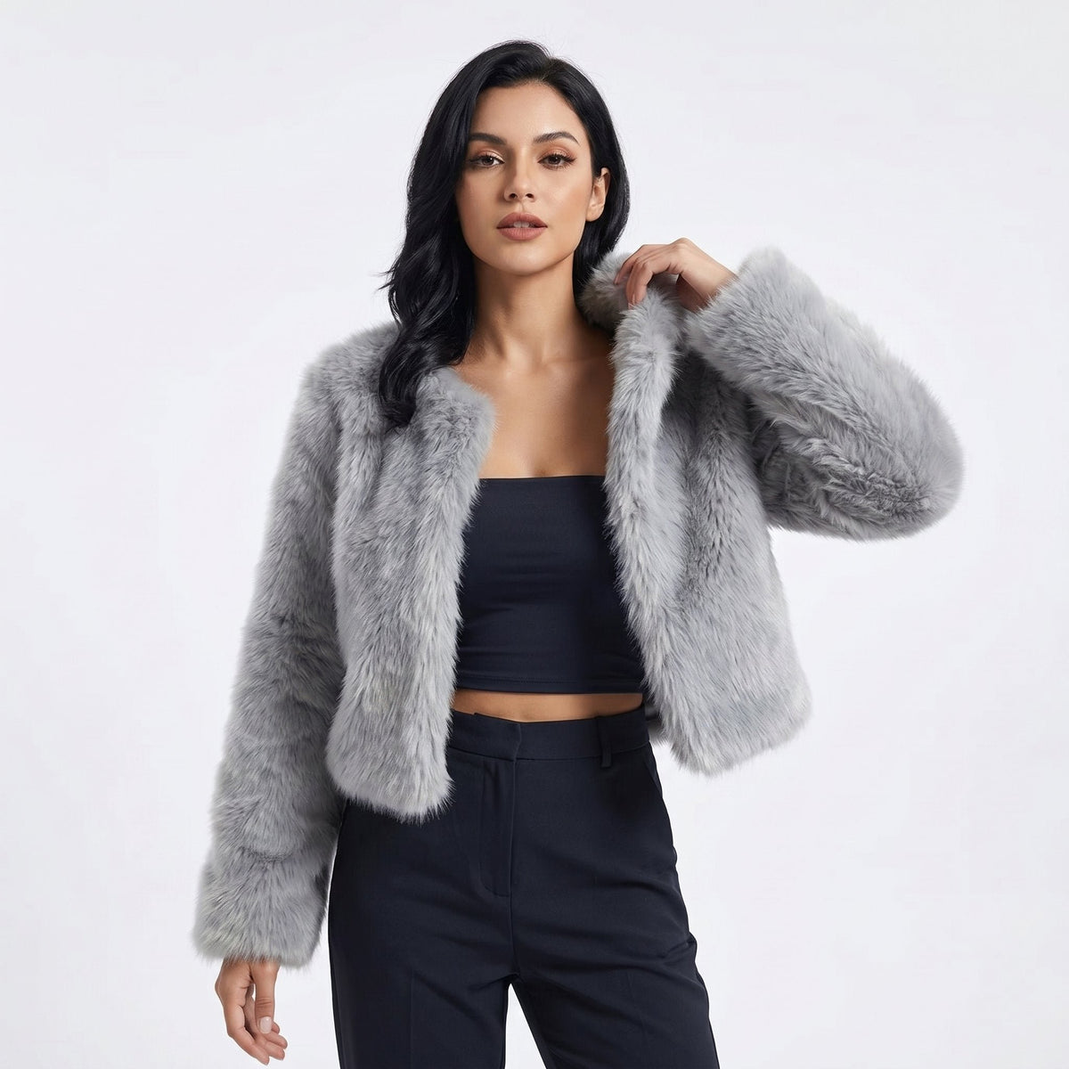 Damen Kuschelige Cropped Kunstfell-Jacke