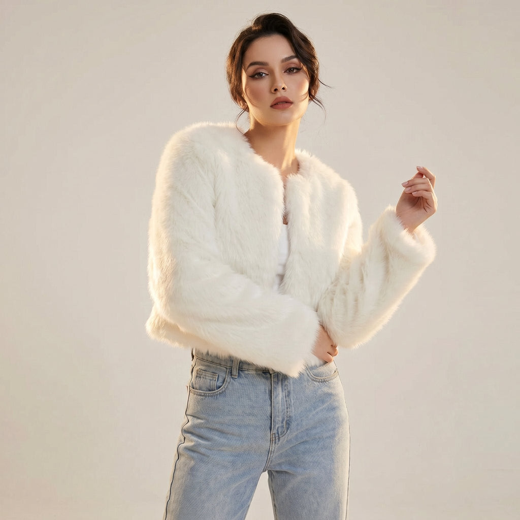 Damen Kuschelige Cropped Kunstfell-Jacke