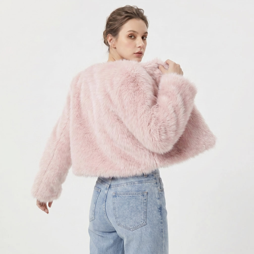 Damen Kuschelige Cropped Kunstfell-Jacke