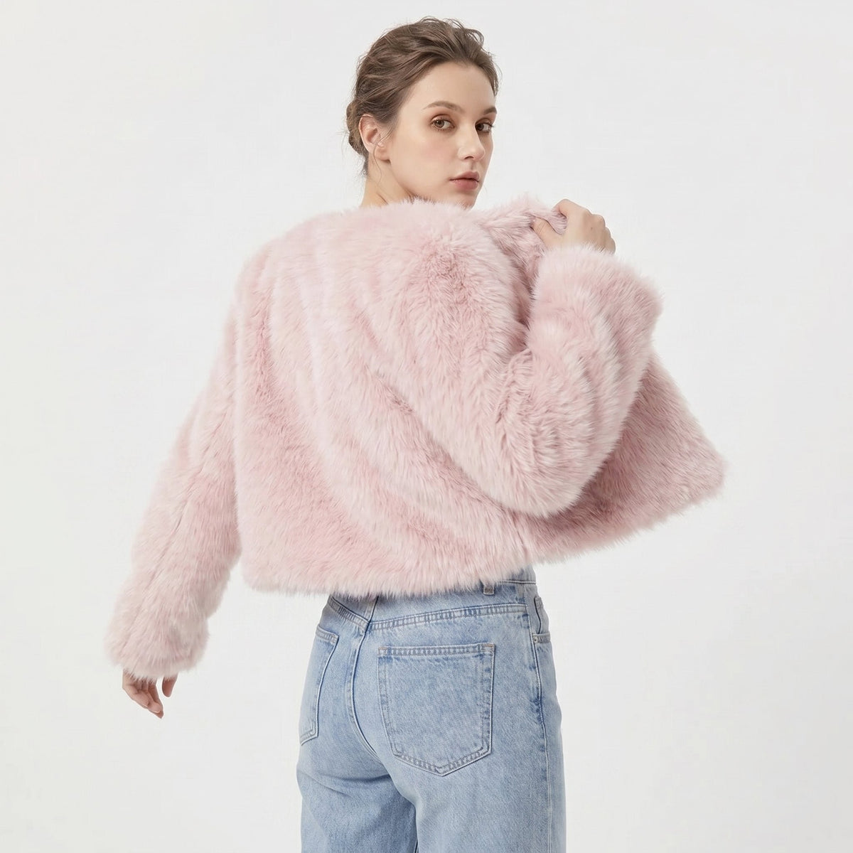 Damen Kuschelige Cropped Kunstfell-Jacke