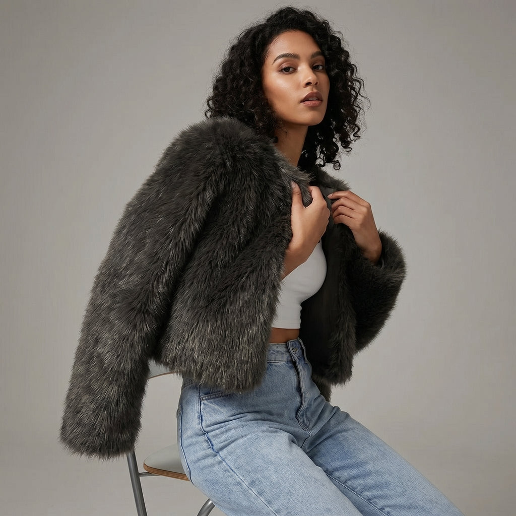 Damen Kuschelige Cropped Kunstfell-Jacke