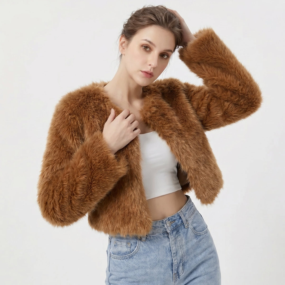 Damen Kuschelige Cropped Kunstfell-Jacke