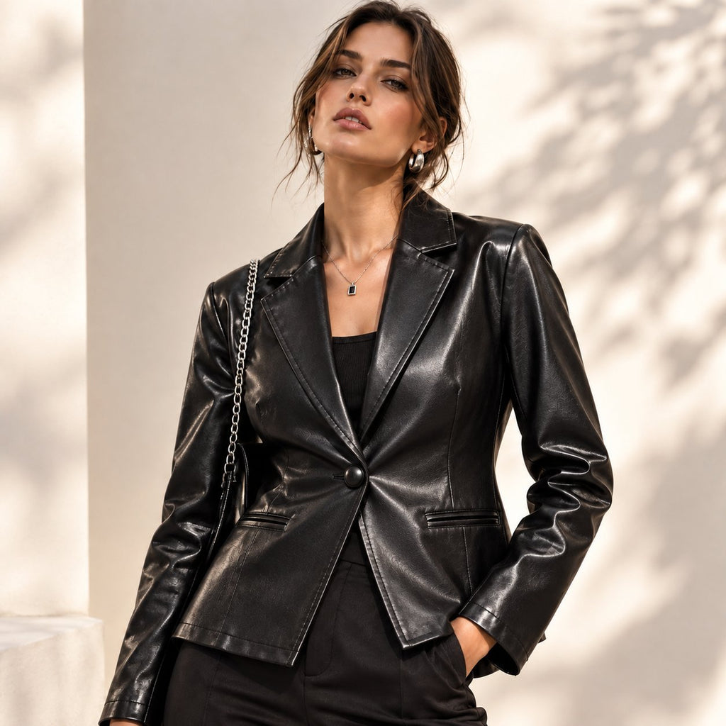 Damen Leder-Blazer mit Einknopf-Verschluss