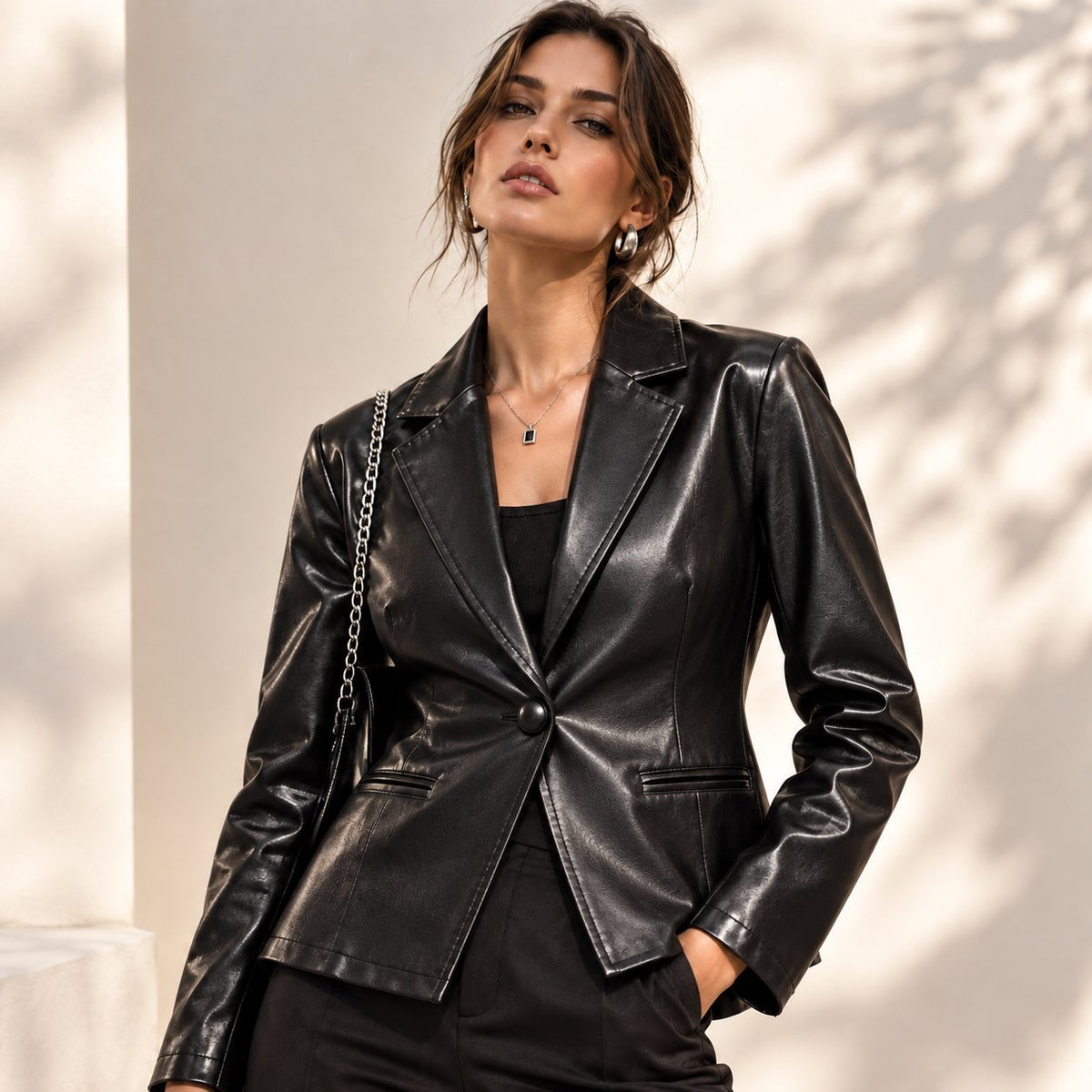 Damen Leder-Blazer mit Einknopf-Verschluss