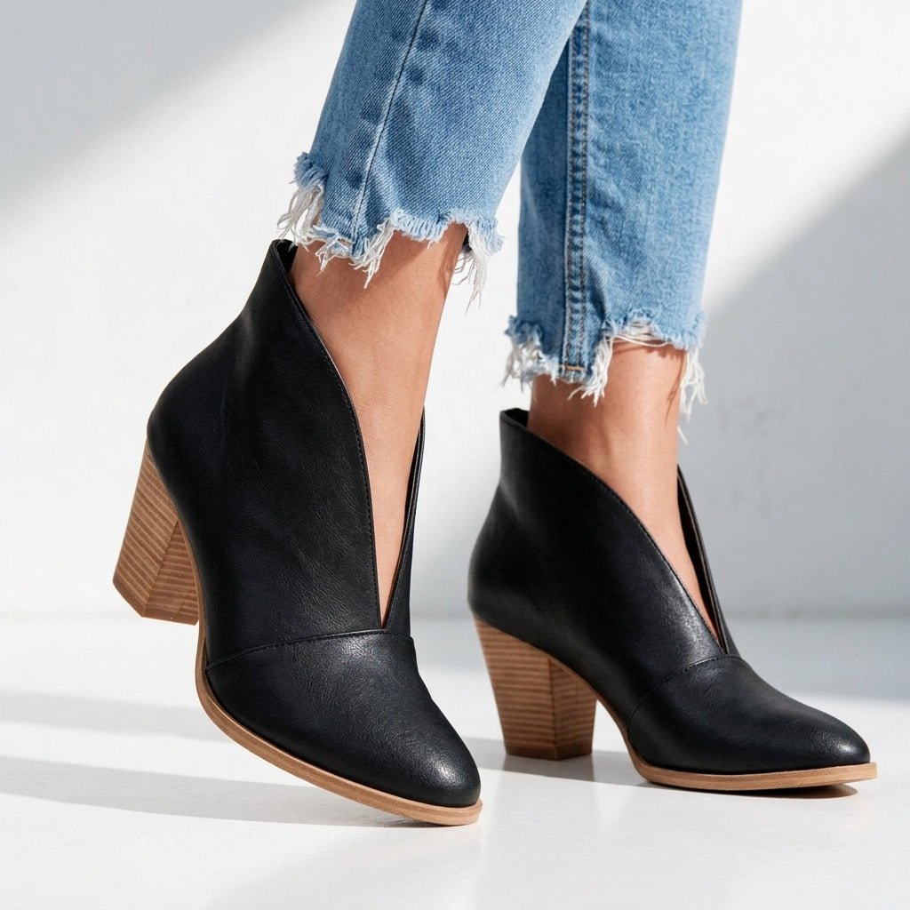 Damen Stiefeletten mit V-Schnitt und Blockabsatz